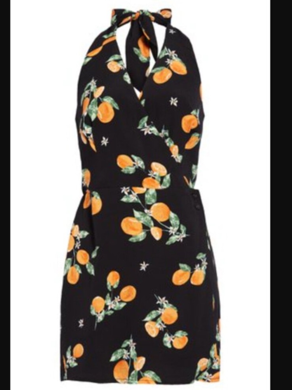 Halter Mini Dress in Black with Orange Print